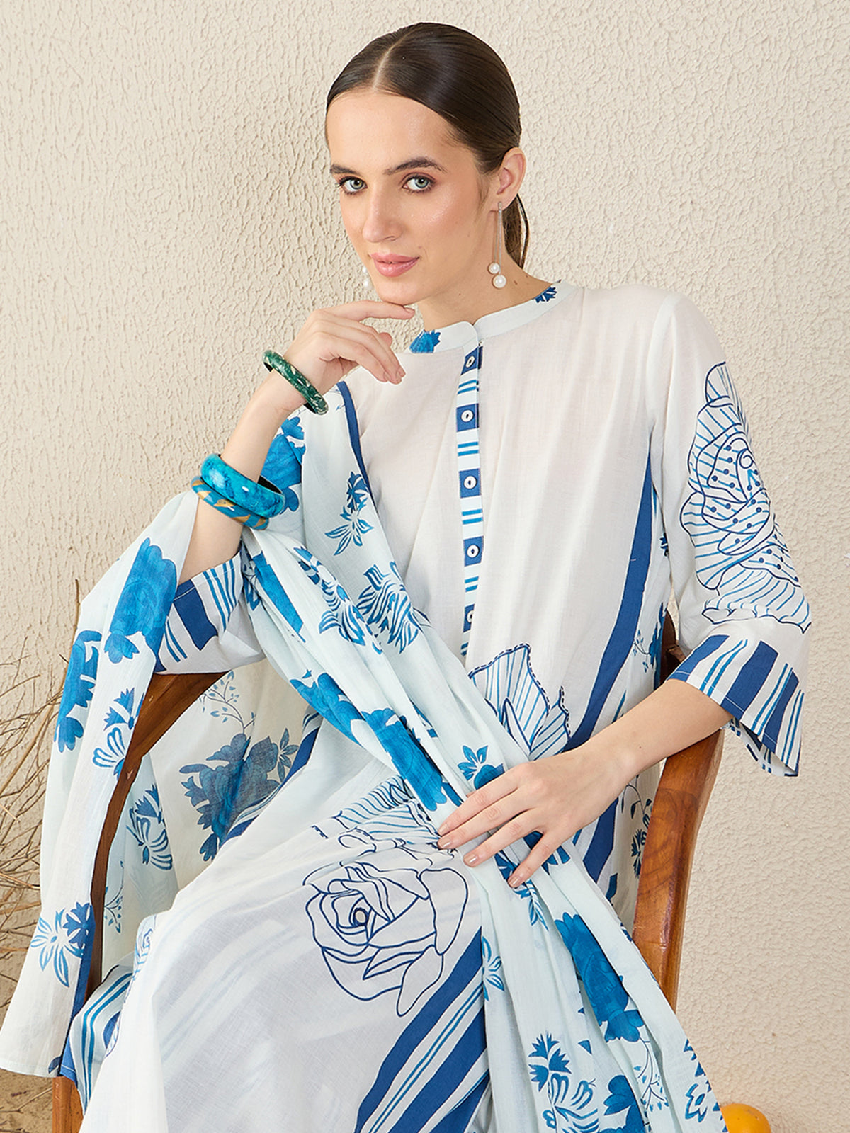 White Printed A-Line Kurta Trousers With Dupatta Set