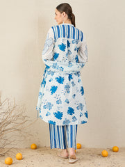 White Printed A-Line Kurta Trousers With Dupatta Set