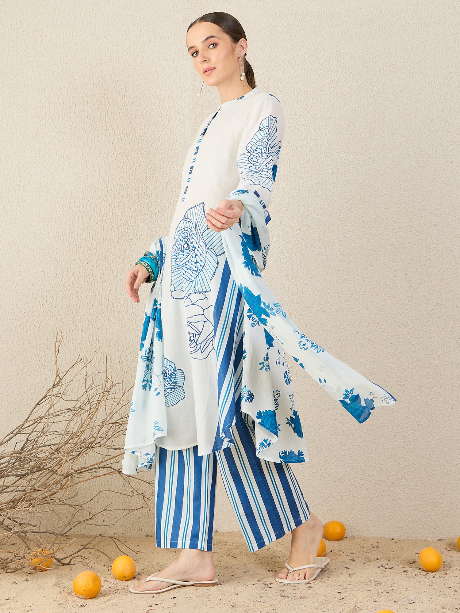 White Printed A-Line Kurta Trousers With Dupatta Set