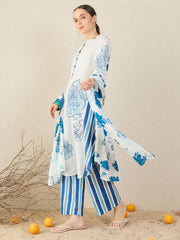 White Printed A-Line Kurta Trousers With Dupatta Set