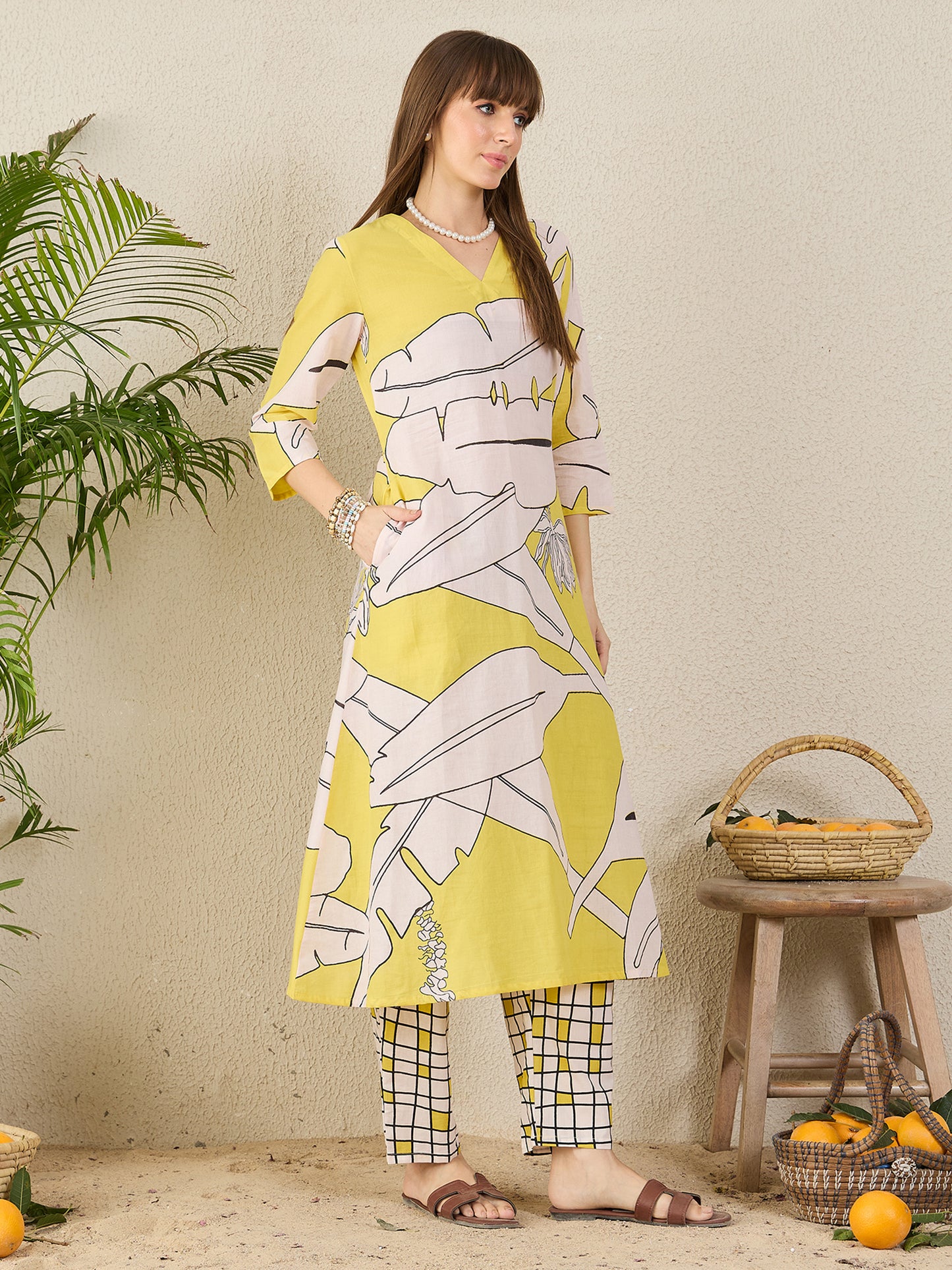 Yellow Printed A-Line Kurta Trousers set