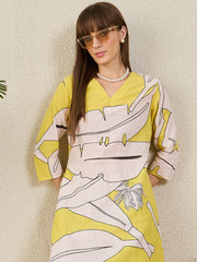 Indo Era Yellow Printed A-Line Kurta Trousers set