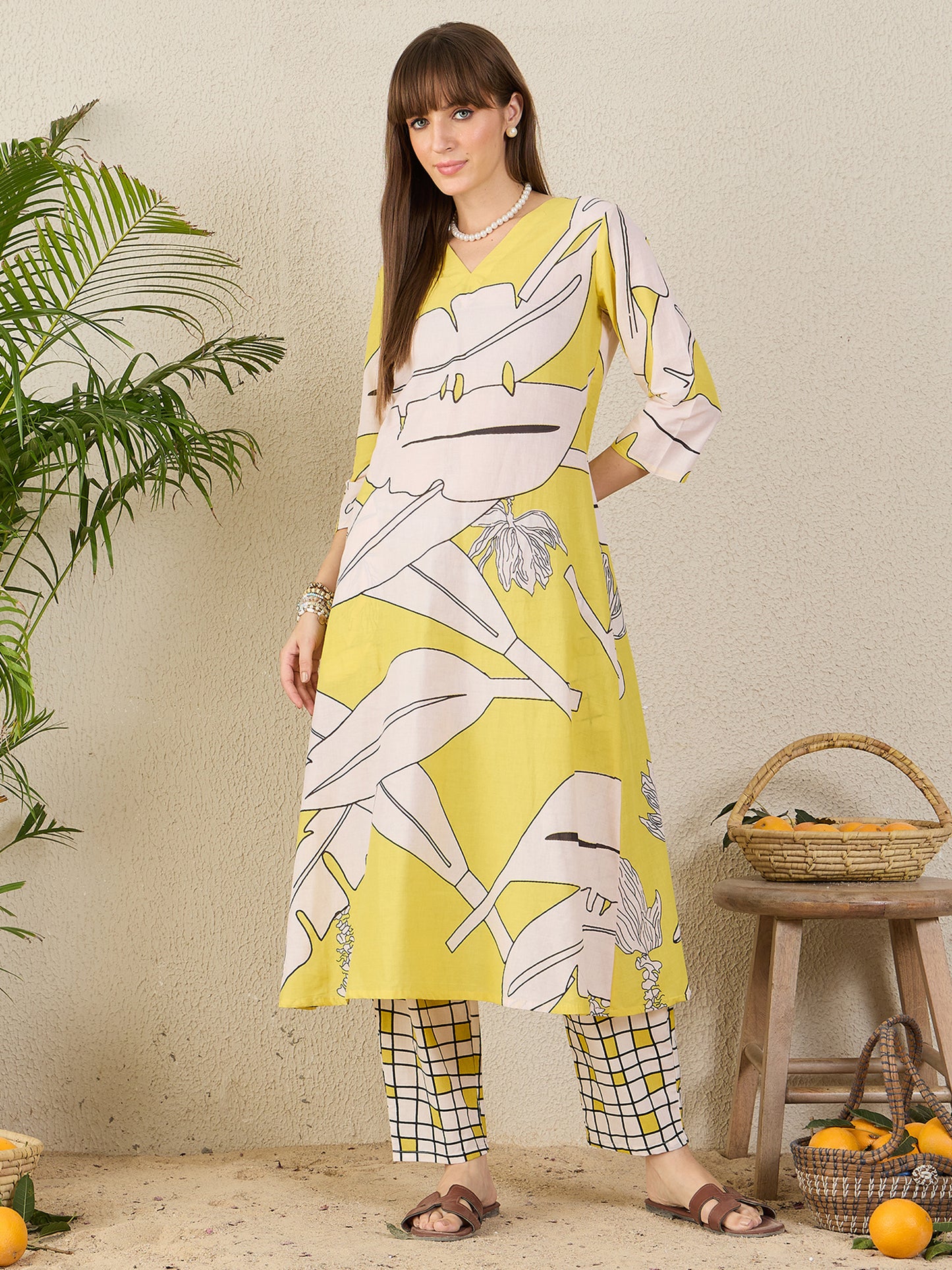 Yellow Printed A-Line Kurta Trousers set