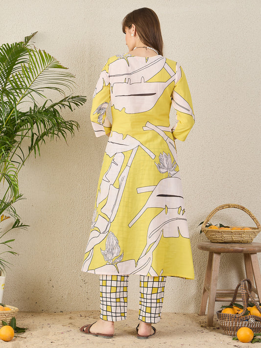 Indo Era Yellow Printed A-Line Kurta Trousers set