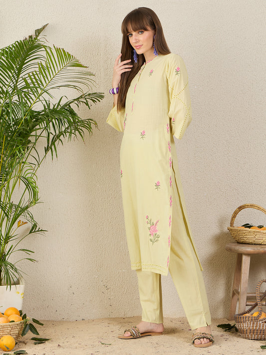 Indo Era Green Embroidered Straight Kurta Trousers Set