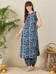 Indo Era Blue Printed Straight Kurta Salwar set