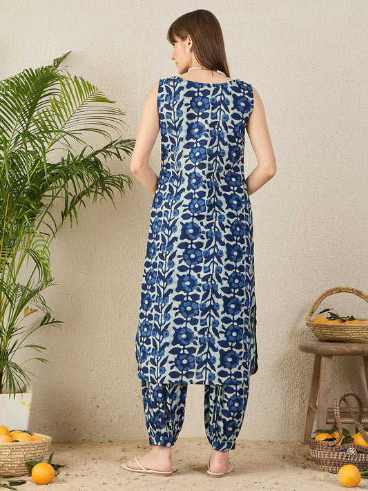 Indo Era Blue Printed Straight Kurta Salwar set
