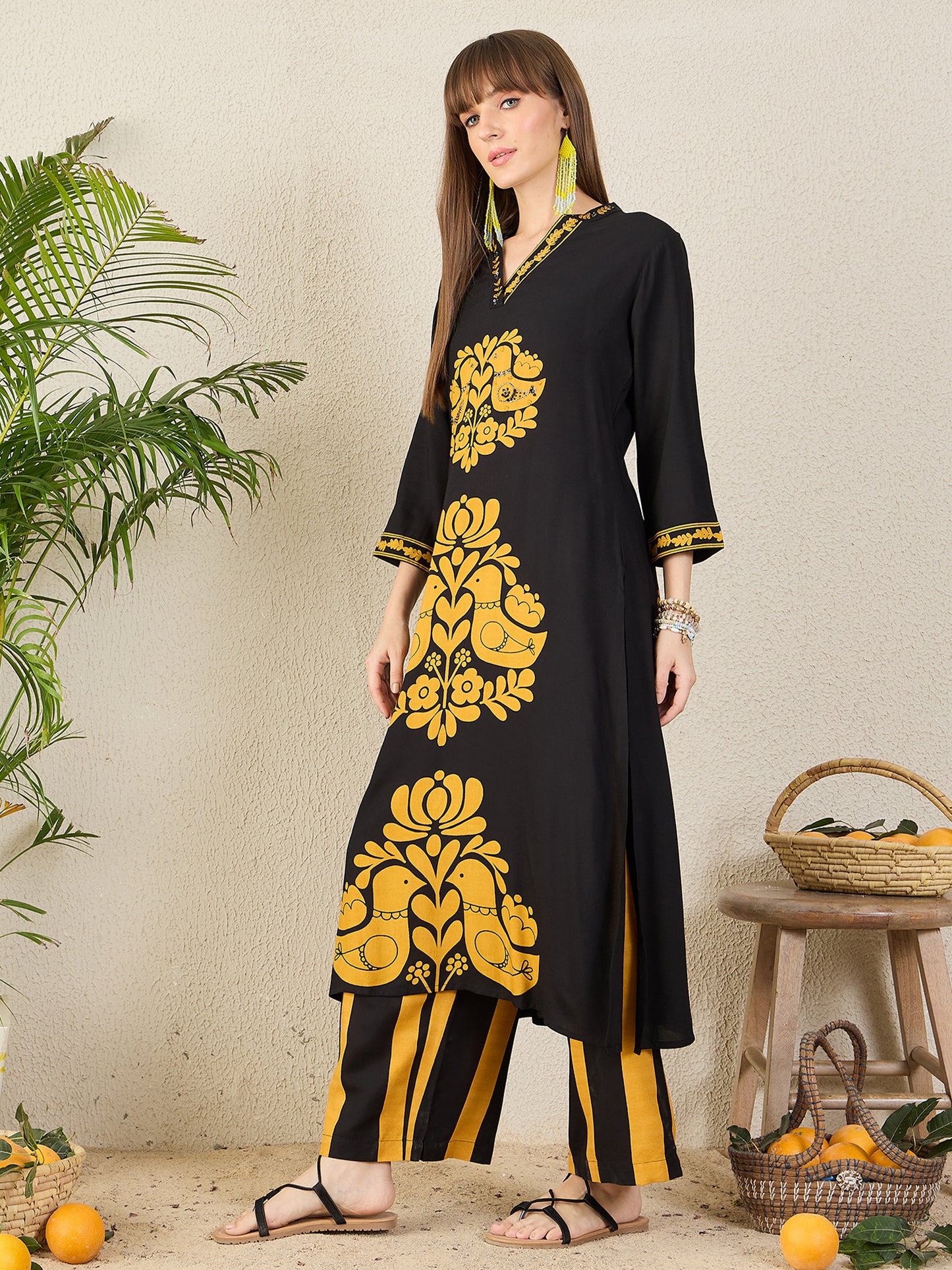 Black Printed A-Line Kurta Palazzos Set