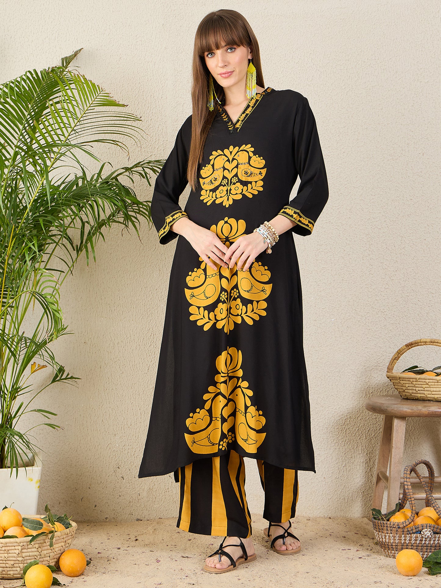 Black Printed A-Line Kurta Palazzos Set