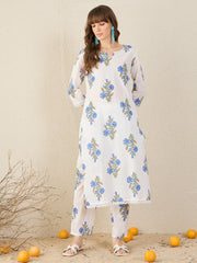 Indo Era White Printed Straight Kurta Trousers Set