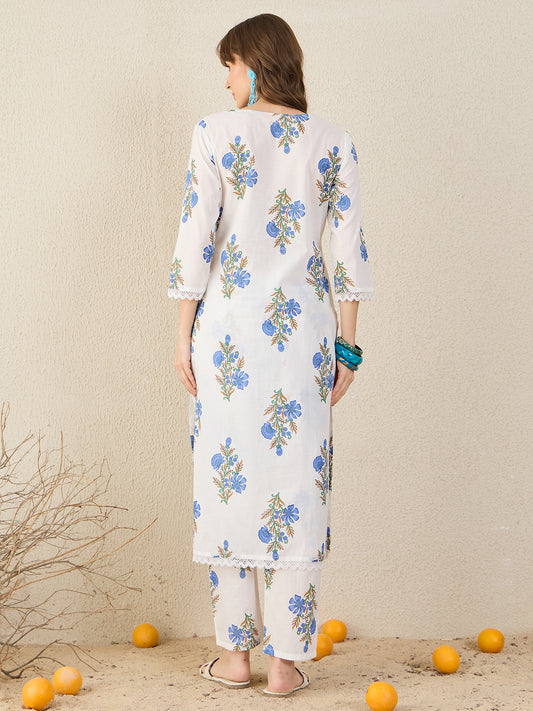 Indo Era White Printed Straight Kurta Trousers Set