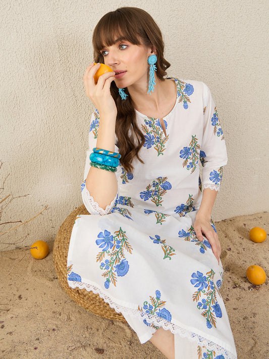 Indo Era White Printed Straight Kurta Trousers Set