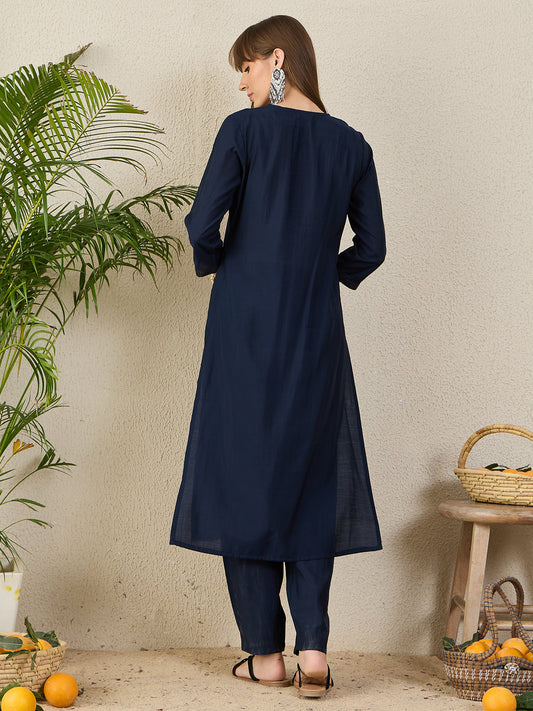 Indo Era Navy Blue Embroidered Straight Kurta Trousers Set