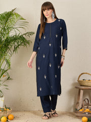 Indo Era Navy Blue Embroidered Straight Kurta Trousers Set
