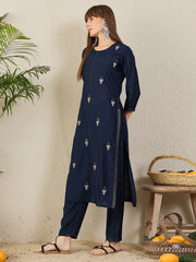 Indo Era Navy Blue Embroidered Straight Kurta Trousers Set