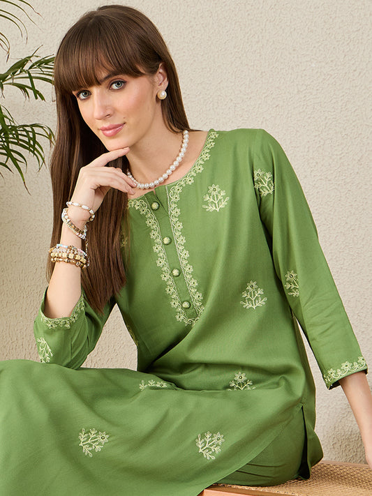 Indo Era Green Embroidered Straight Kurta Trousers Set