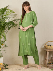Indo Era Green Embroidered Straight Kurta Trousers Set