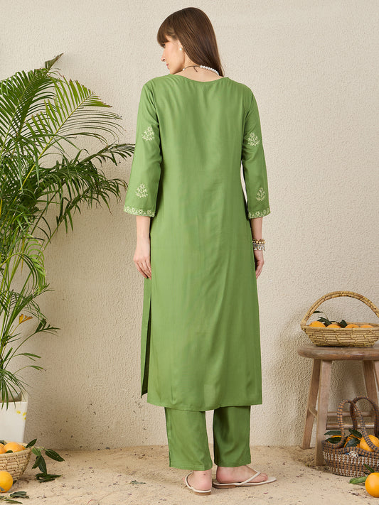 Indo Era Green Embroidered Straight Kurta Trousers Set
