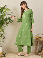 Indo Era Green Embroidered Straight Kurta Trousers Set