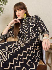 Indo Era Black Printed A-Line Kurta Trousers Set