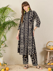 Indo Era Black Printed A-Line Kurta Trousers Set