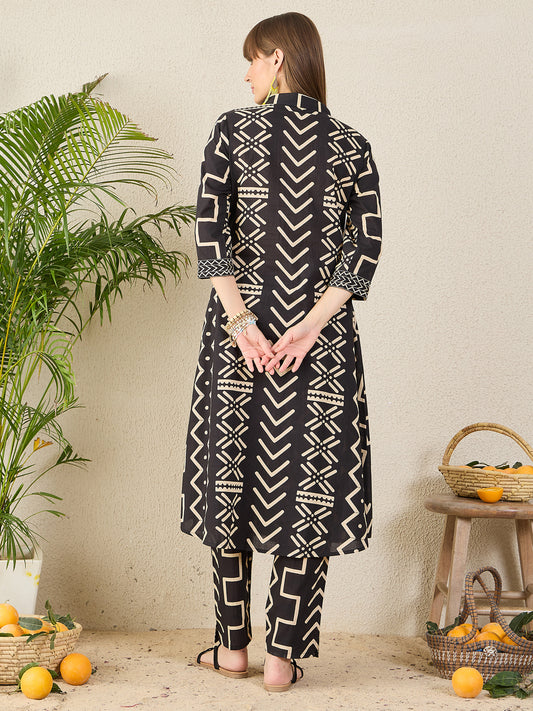 Indo Era Black Printed A-Line Kurta Trousers Set