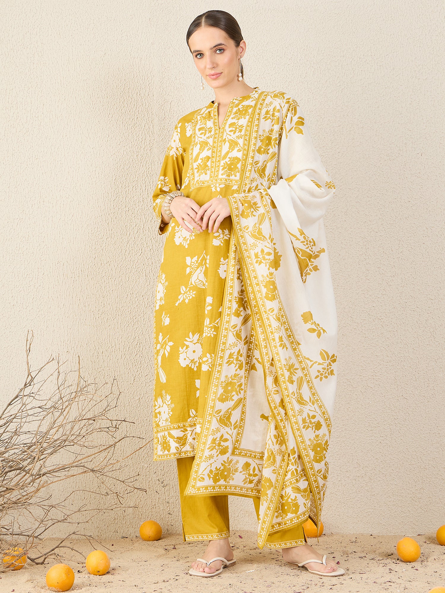 Yellow Printed Straight Kurta Trousers With Dupatta Set