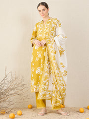Yellow Printed Straight Kurta Trousers With Dupatta Set
