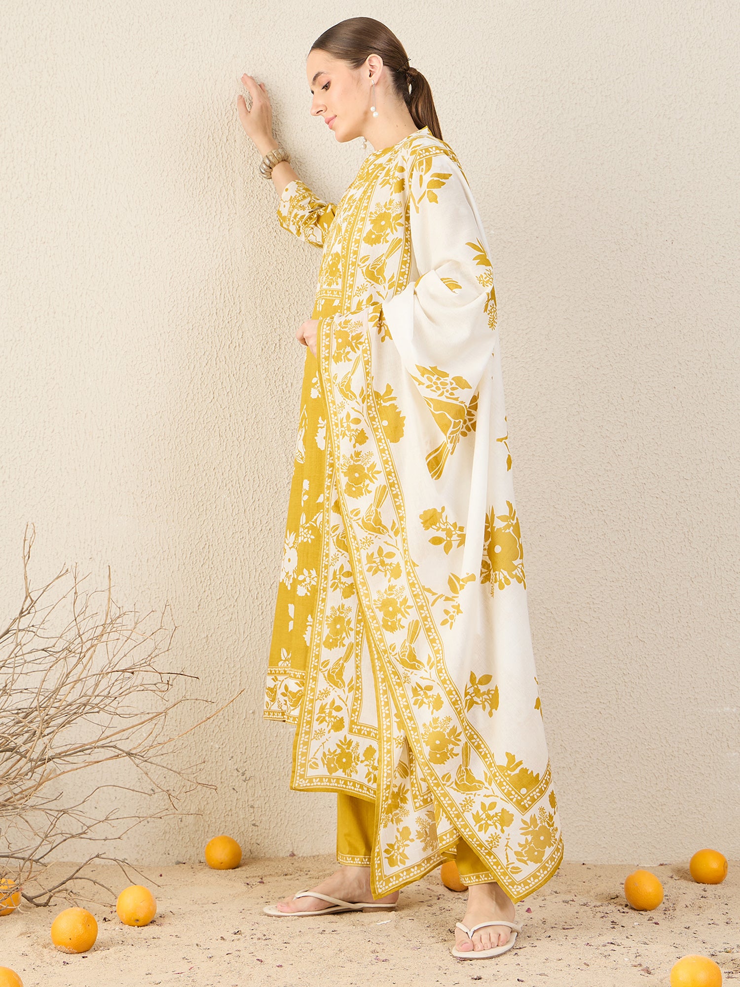 Yellow Printed Straight Kurta Trousers With Dupatta Set