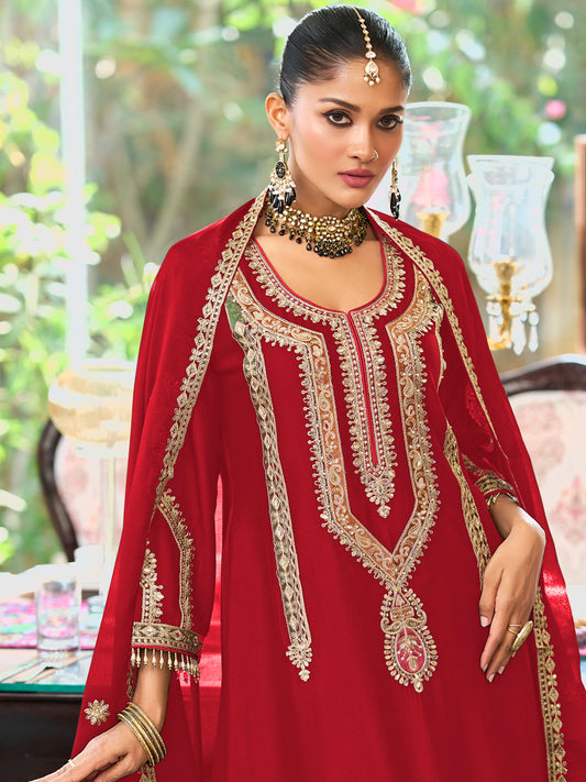 Red Embroidered A-Line Kurta Palazzos With Dupatta set