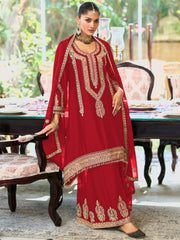Red Embroidered A-Line Kurta Palazzos With Dupatta set