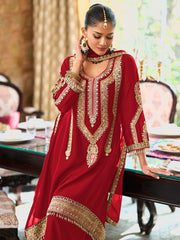 Red Embroidered A-Line Kurta Palazzos With Dupatta set