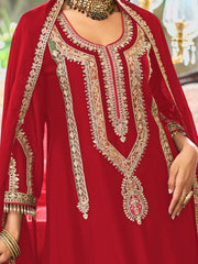 Red Embroidered A-Line Kurta Palazzos With Dupatta set