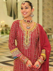 Red Embroidered Straight Kurta Sharara With Dupatta set