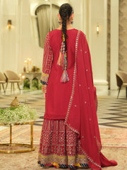 Red Embroidered Straight Kurta Sharara With Dupatta set