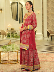 Red Embroidered Straight Kurta Sharara With Dupatta set