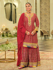 Red Embroidered Straight Kurta Sharara With Dupatta set