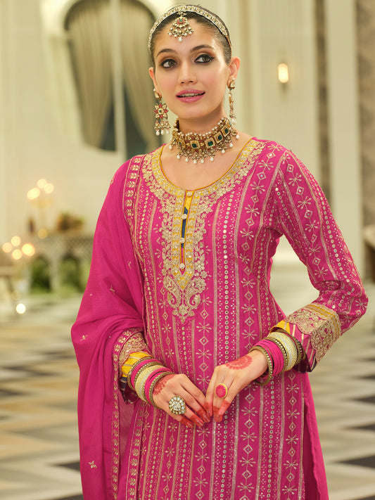 Pink Embroidered Straight Kurta Sharara With Dupatta set