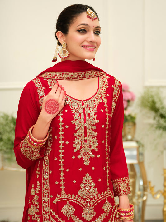 Red Embroidered Straight Kurta Palazzos With Dupatta set