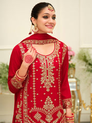 Red Embroidered Straight Kurta Palazzos With Dupatta set