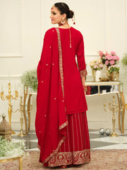 Red Embroidered Straight Kurta Palazzos With Dupatta set