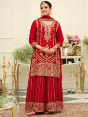Red Embroidered Straight Kurta Palazzos With Dupatta set