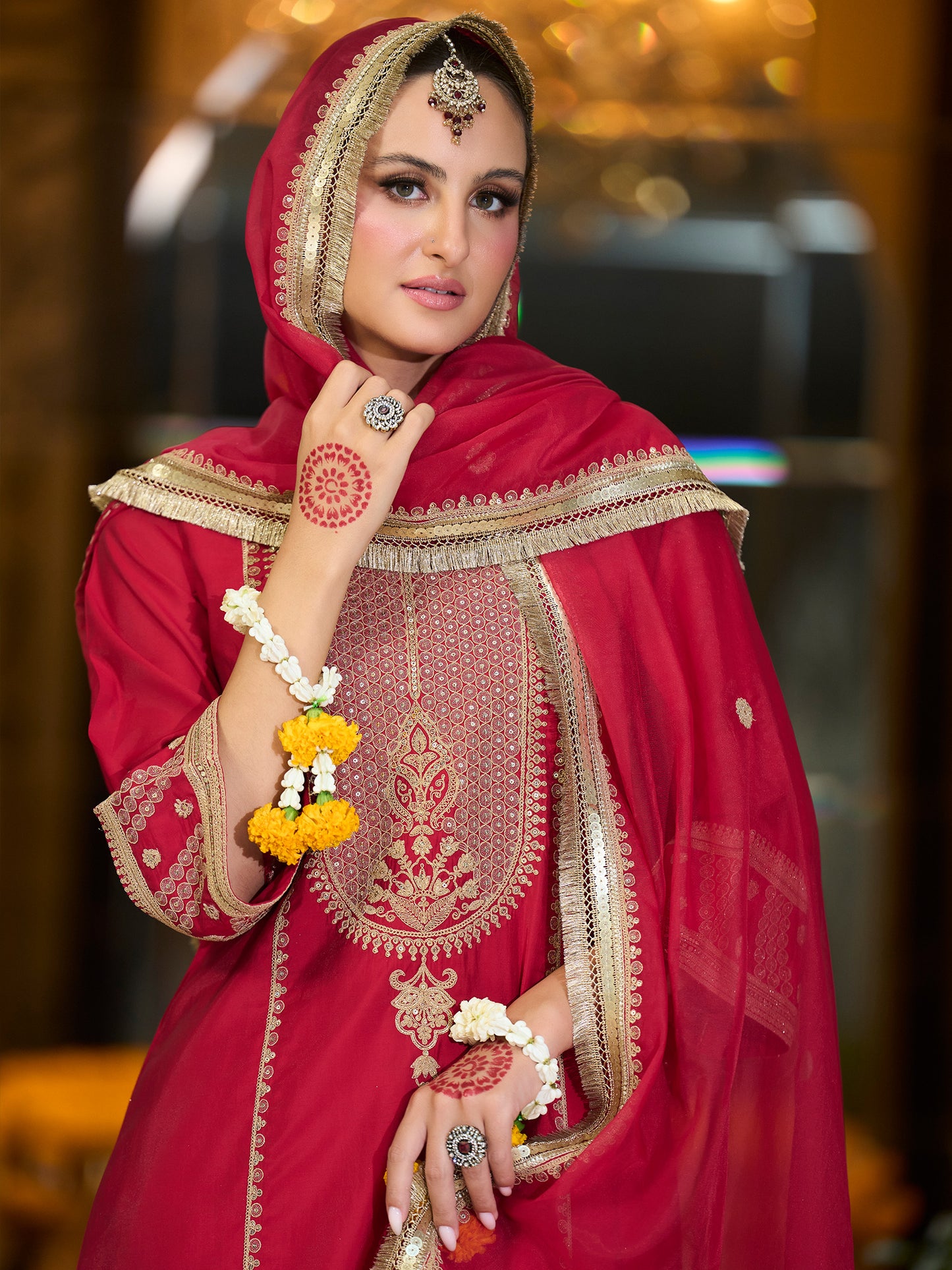 Maroon Embroidered A-Line Kurta Trousers With Dupatta set