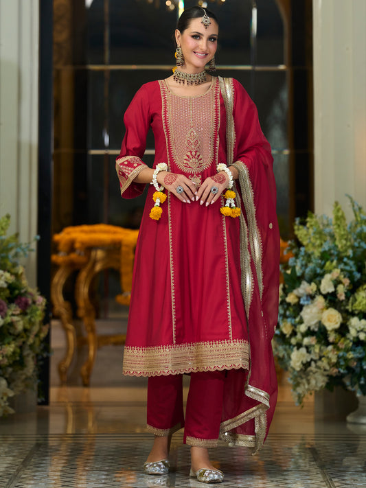 Maroon Embroidered A-Line Kurta Trousers With Dupatta set
