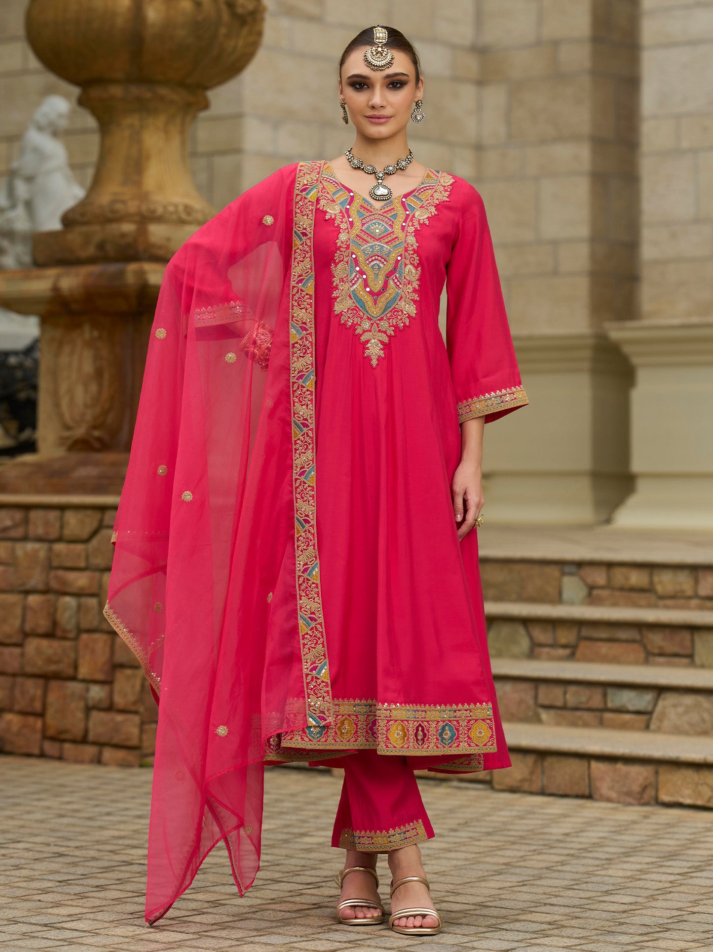 Pink Embroidered A-Line Kurta Trousers With Dupatta set