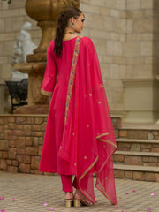 Pink Embroidered A-Line Kurta Trousers With Dupatta set
