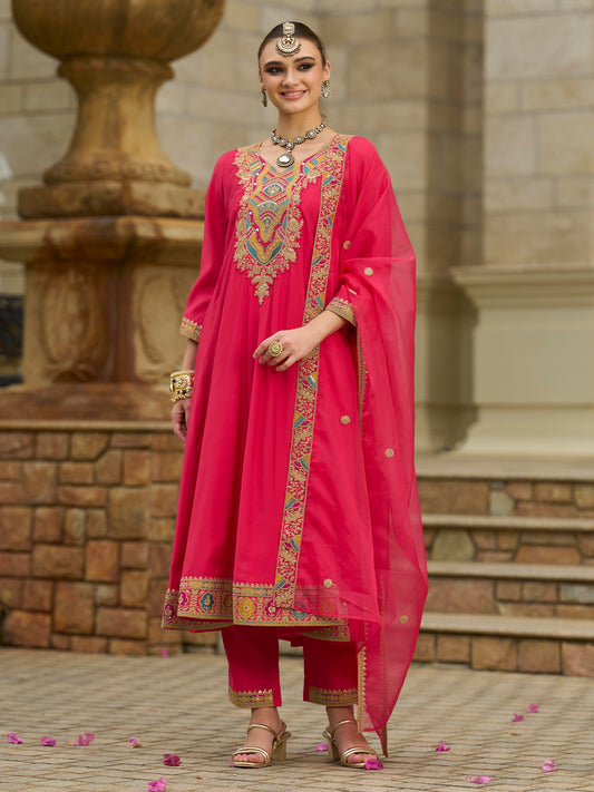 Pink Embroidered A-Line Kurta Trousers With Dupatta set