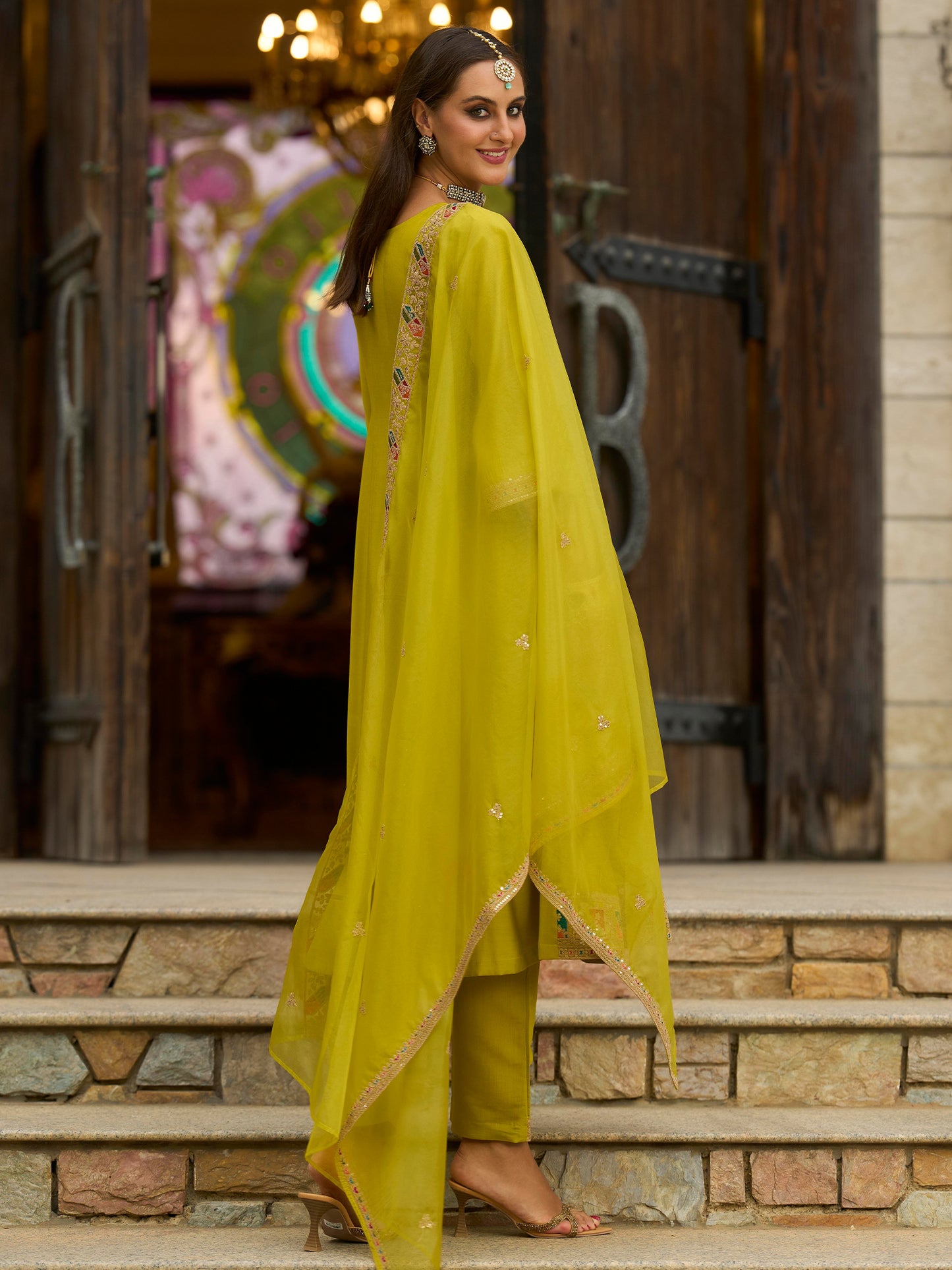Yellow Embroidered A-Line Kurta Trousers With Dupatta set