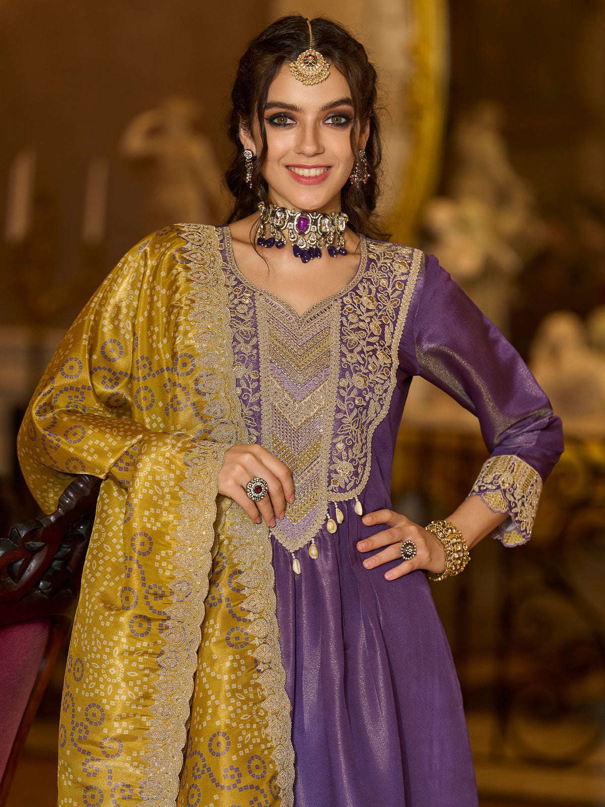 Purple Embroidered A-Line Kurta Trousers With Dupatta set