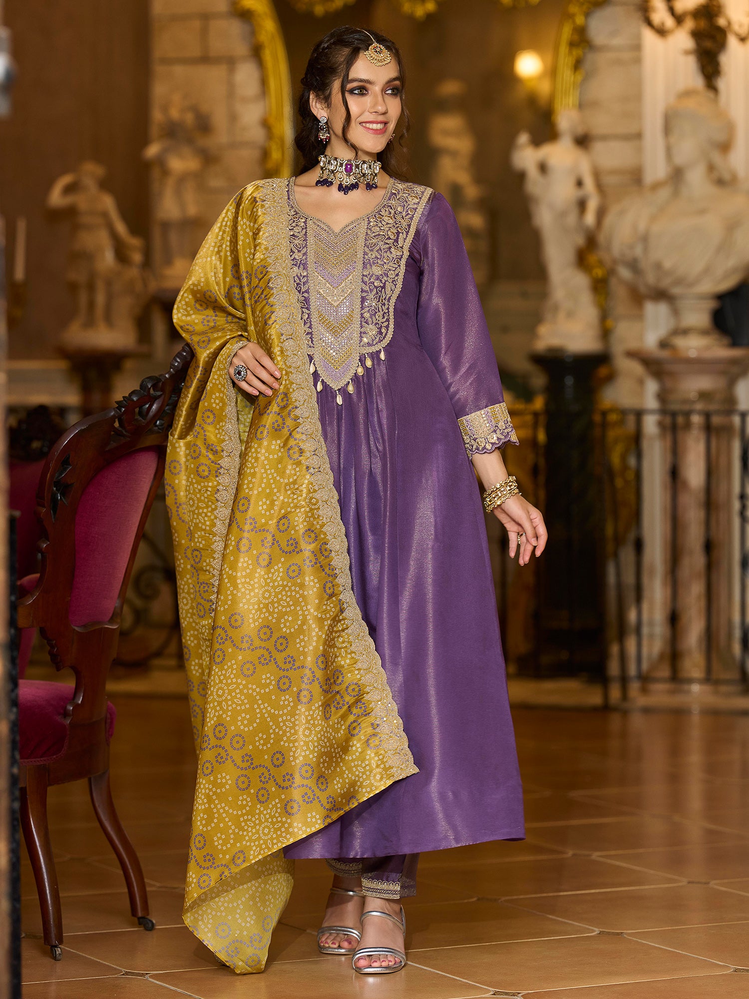 Purple Embroidered A-Line Kurta Trousers With Dupatta set